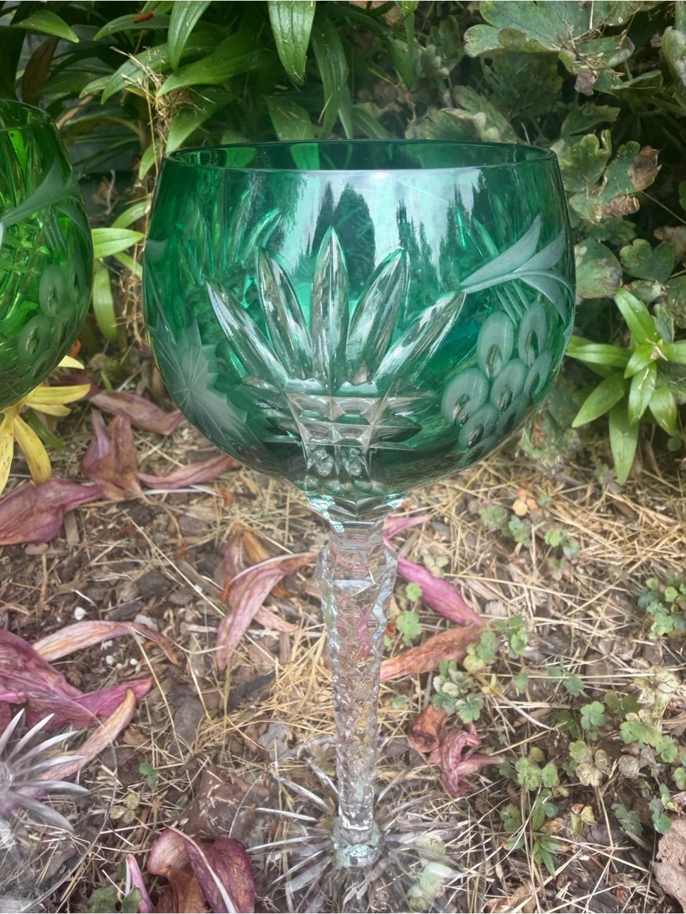 Green Cut Glass Wine Goblets - Set of 2